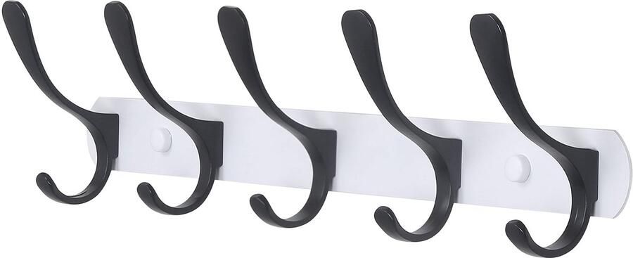 SKOLOO kapstok moderne stevige metalen kapstok met 5 haken voor aan de muur voor het ophangen van kleding jassen hoeden jacks rugzakken kapstokrail zwart op wit