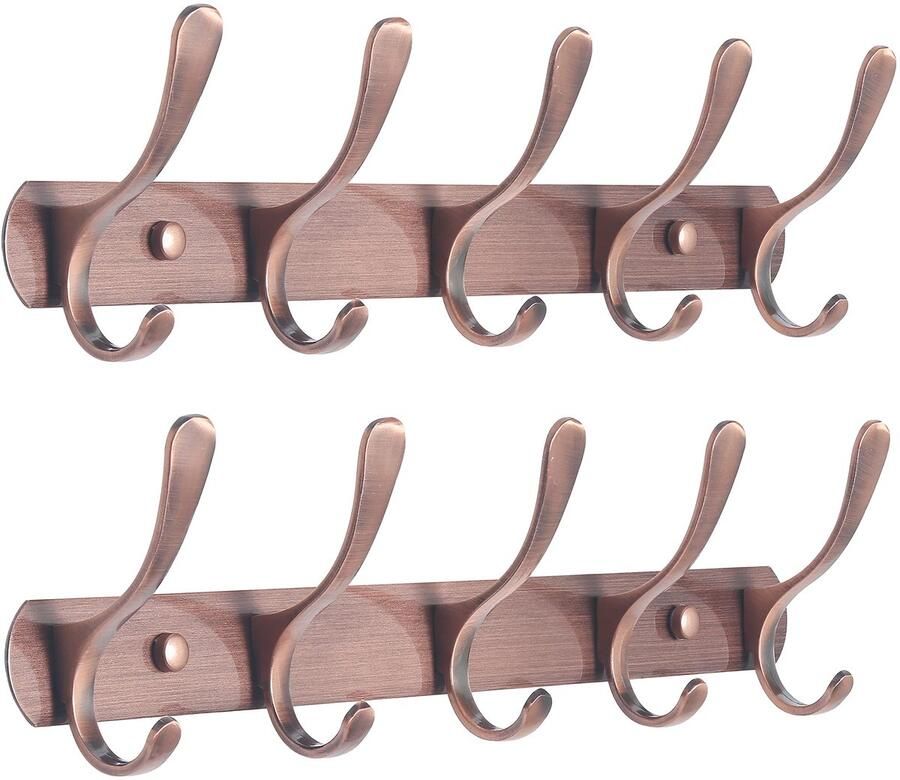 SKOLOO kapstok moderne stevige metalen wandkapstokhaken met 5 haken 2-pack voor het ophangen van kleding jassen hoeden jacks rugzakken hakenrail retro rood