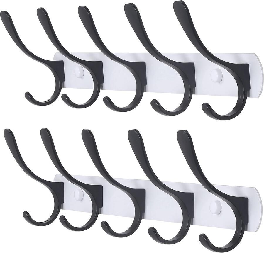 SKOLOO kapstok moderne stevige metalen wandkapstokhaken met 5 haken 2-pack voor het ophangen van kleding hoeden jassen rugzakken haakrail zwart op wit