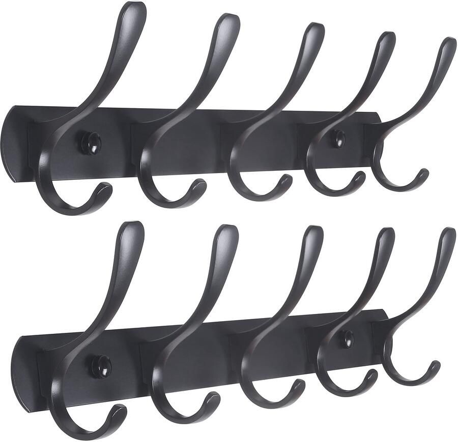 SKOLOO kapstok moderne stevige metalen wandkapstokhaken met 5 haken 2-pack voor het ophangen van kleding jassen hoeden jacks rugzakken hakenlijst zwart
