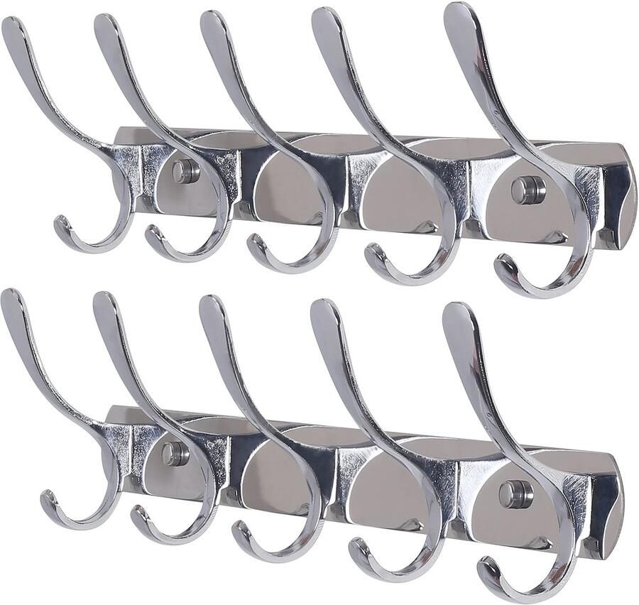 SKOLOO kapstok moderne stevige metalen wandkapstokhaken met 5 haken 2-pack voor het ophangen van kleding jassen hoeden jacks rugzakken hakenlijst zilver