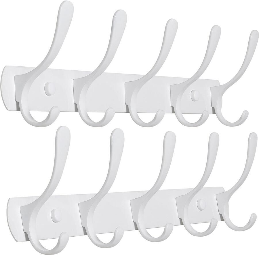 SKOLOO kapstok moderne stevige metalen wandkapstokhaken met 5 haken 2-pack voor het ophangen van kleding jassen hoeden jacks rugzakken haakrail wit ideaal voor thuis en op kantoor