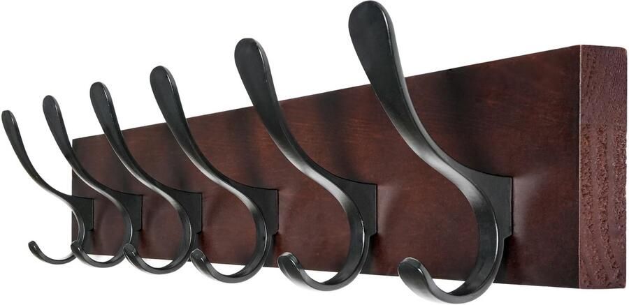 SKOLOO Kapstok Wandmontage Houten Bruine Wandkapstokhaak Wandkapstokrek met 6 Haken voor het Ophangen van Jassen Hoeden Kleding Sjaals Bruin & Zwart