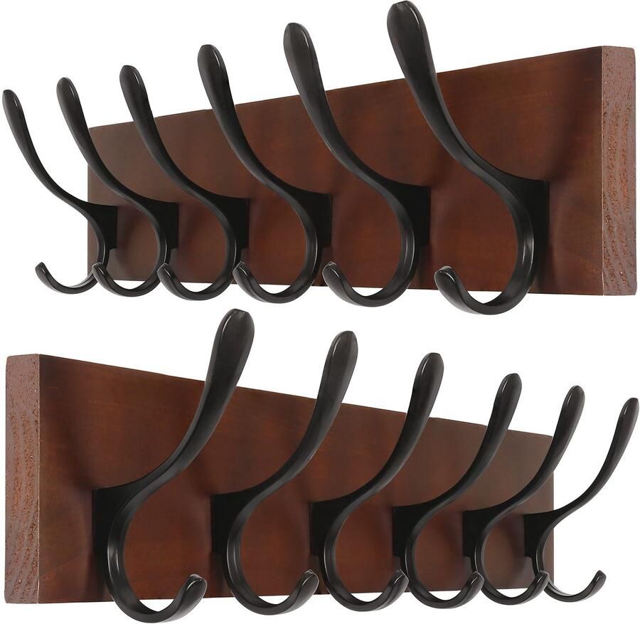 SKOLOO Kapstok Wandmontage Houten Bruine Wandkapstokhaken 2 Stuks Wandkapstokrek met 6 Haken voor het Ophangen van Jassen Hoeden Kleding Sjaals Bruin & Zwart
