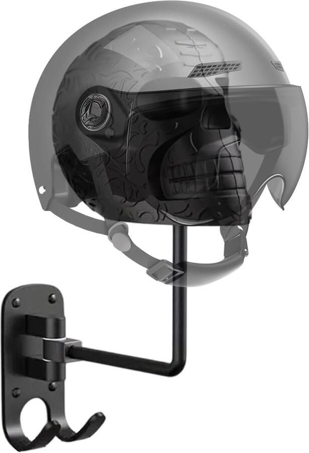 Skull Helmet Wandbeugel Schedel Motorfiets Helm Houder Houdt Helmen Hoofddeksels En Jassen Decoratieve Helm Opbergrek Aluminium Wandhaak Voor Helm En Kleding Zwart Metallic