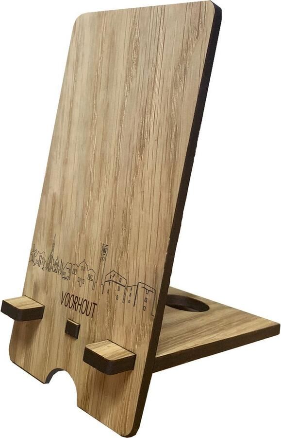Skyline Telefoonhouder Voorhout Eikenhout Smartphone Tablet Houder 7x15 cm iPad iPhone Smartphone tafel standaard desktop Thuis werken Cadeau WoodWideCities
