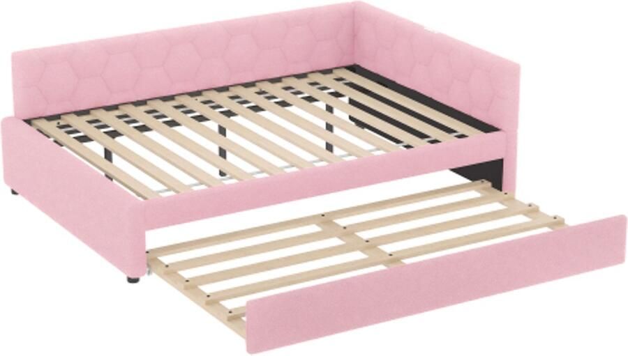 Daybed 140x200cm slaapbank bed met lattenbodem (zonder matras) met bedlampje met multifunctioneel uitschuifbed USB-aansluiting Type-C imitatie fleece roze