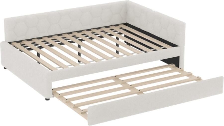 Daybed 140x200cm slaapbank bed met lattenbodem (zonder matras) met bedlampje met multifunctioneel uitschuifbed USB-aansluiting Type-C imitatie fleece wit