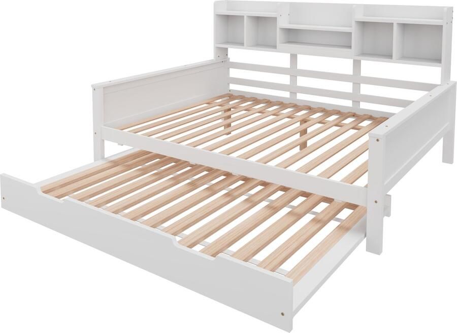 Gotagee Uitschuifbare slaapbank 140x200CM massief hout uitschuifbaar bed 90x190CM met opbergvak en lattenbodem multifunctioneel bed van dennenhout wit