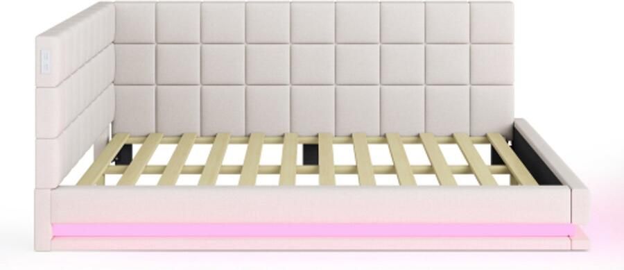Slaapbank 160x200 cm Zonder Matras Beige Linnen Multifunctioneel Bed Met LED-Lichtstrip USB En Lattenbodem Modern Ontwerp Voor Slaapkamer En Gastenkamer