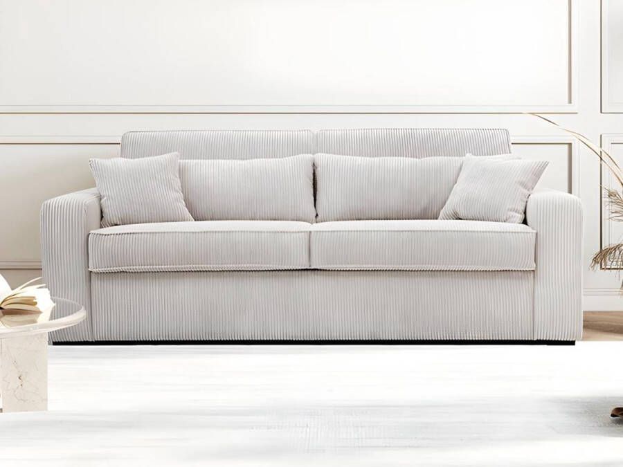 Vente-unique Slaapbank – 4 zitplaatsen – Met stoffen bekleding in crèmewit – Snel ombouwbaar – Matrasbreedte: 160 cm – Matrasdikte: 14 cm – MONDOVI L 214 cm x H 90 cm x D 96 cm