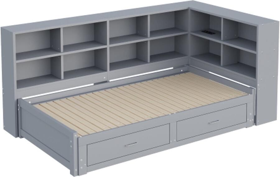 Slaapbank 90 180x190cm met uitschuifbaar bed met opbergvak multifunctioneel eurostopcontact laden lattenbodem multifunctioneel eenpersoonsbed van hout grijs