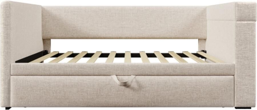 Slaapbank 90x190 cm zonder matras Beige linnenmix Sofa bed met uitrolbed stevige armleuningen met USB en Type C oplaadpunt en bekerhouder Comfortabel logeerbed voor tieners en volwassenen geschikt voor woonkamer en slaapkamer
