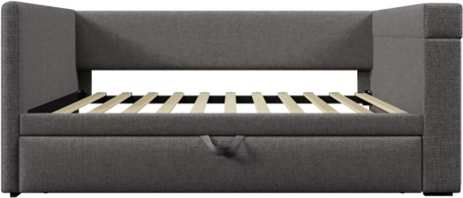 Slaapbank 90x190 cm zonder matras Grijs linnenmix Sofa bed met uitrolbed stevige armleuningen met USB en Type C oplaadpunt en bekerhouder Comfortabel logeerbed voor tieners en volwassenen geschikt voor woonkamer en slaapkamer
