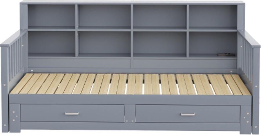 Slaapbank 90x190 Zonder Matras Grijs Hout Uitschuifbaar Met Lattenbodem En 2 Lades Met Oplaadpoort Opbergruimte Geschikt Voor Logeerkamer En Kleine Ruimtes