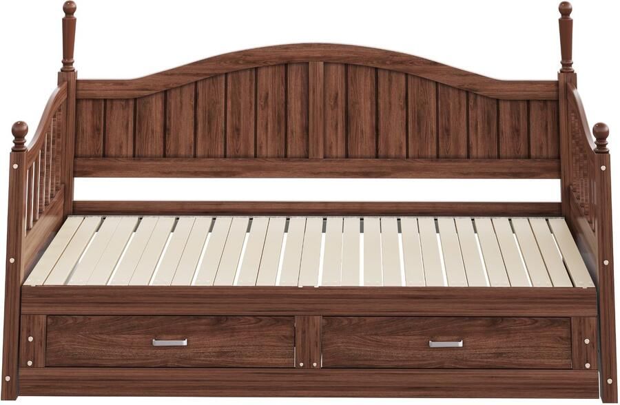 Slaapbank 90x190 Zonder Matras Natuur Hout Uitschuifbaar Met Lattenbodem En Lades Met Romeinse Kolommen En Gebogen Rugleuning En Armleuningen Geschikt Voor Logeerkamer En Kleine Ruimtes