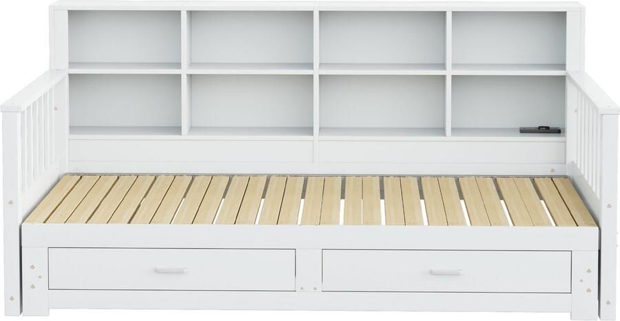 Slaapbank 90x190 Zonder Matras Wit Hout Uitschuifbaar Met Lattenbodem En 2 Lades Met Oplaadpoort Opbergruimte Geschikt Voor Logeerkamer En Kleine Ruimtes
