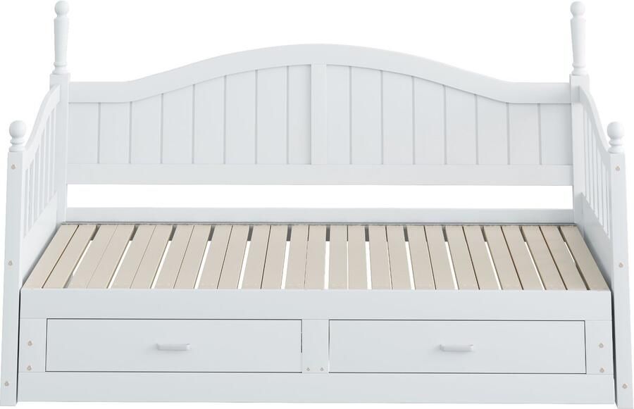 Slaapbank 90x190 Zonder Matras Wit Hout Uitschuifbaar Met Lattenbodem En Lades Met Romeinse Kolommen En Gebogen Rugleuning En Armleuningen Geschikt Voor Logeerkamer En Kleine Ruimtes