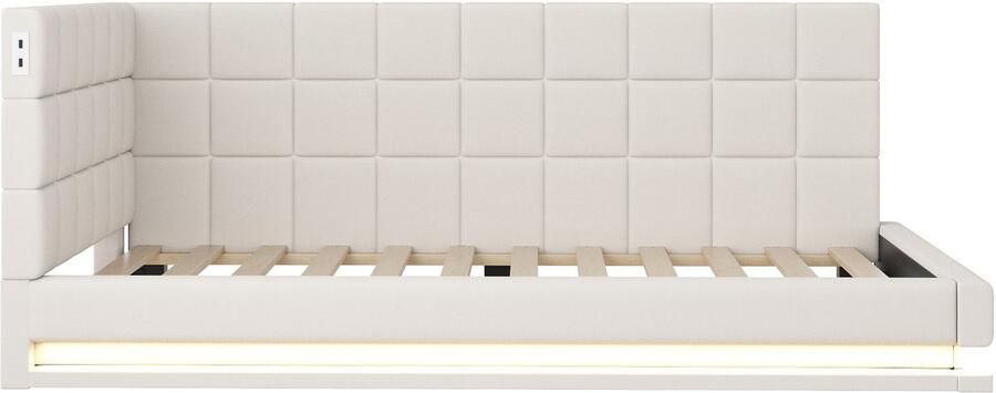 Slaapbank 90x200 cm Zonder Matras Beige Linnen Multifunctioneel Bed Met LED-Lichtstrip USB En Lattenbodem Modern Ontwerp Voor Slaapkamer En Gastenkamer