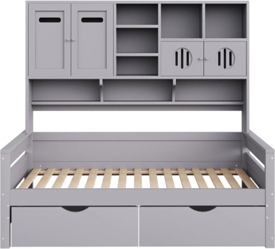 Slaapbank 90x200 cm Zonder Matras Grijs Hout Multifunctionele Opbergruimte Grote Lade Lattenbodem Modern Design Geschikt Voor Slaapkamer En Logeerkamer