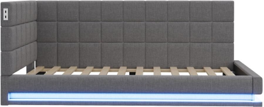 Slaapbank 90x200 cm Zonder Matras Grijs Linnen Multifunctioneel Bed Met LED-Lichtstrip USB En Lattenbodem Modern Ontwerp Voor Slaapkamer En Gastenkamer
