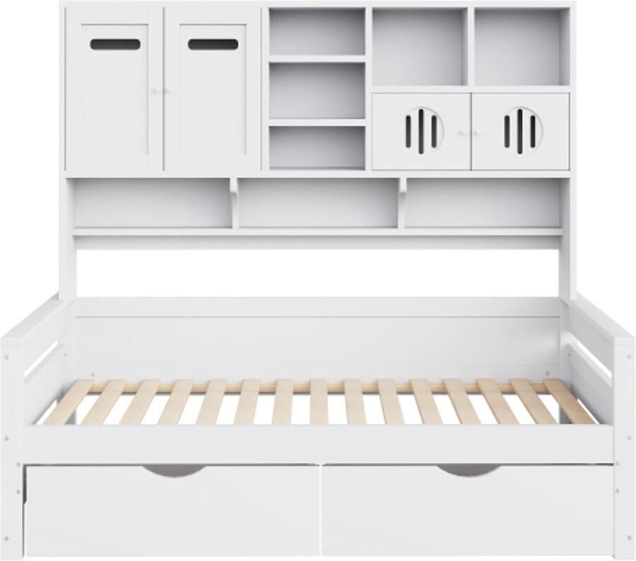 Slaapbank 90x200 cm Zonder Matras Wit Hout Multifunctionele Opbergruimte Grote Lade Lattenbodem Modern Design Geschikt Voor Slaapkamer En Logeerkamer