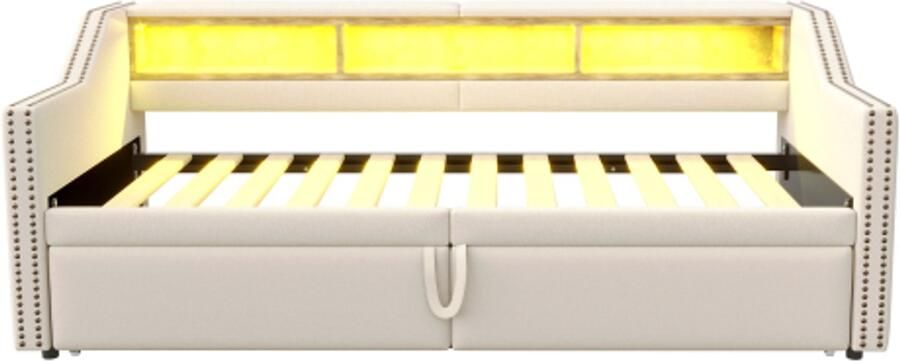Slaapbank 90x200 Zonder Matras Beige Linnen Uittrekbaar Met Multifunctionele Opbergruimte Met LED En USB Met Lattenbodem Geschikt Voor Gastenkamer Slaapkamer En Kleine Woonkamer