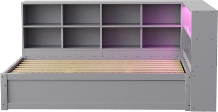 Slaapbank 90x200 Zonder Matras Eenpersoonsbed Grijs Hout Met Meerdere Opbergruimte Met Stekkerblok Met Lichtbalk Hydraulisch Multifunctioneel Bed Geschikt Voor Gastenkamer En Slaapkamer