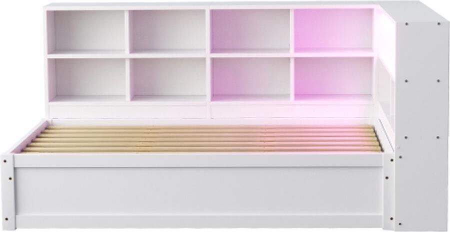 Slaapbank 90x200 Zonder Matras Eenpersoonsbed Wit Massief Hout Met Meerdere Opbergruimte Met Stekkerblok Met Lichtbalk Hydraulisch Multifunctioneel Bed Geschikt Voor Gastenkamer En Slaapkamer