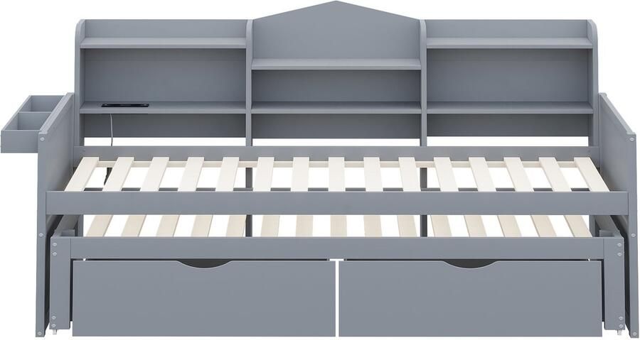 Slaapbank 90x200 Zonder Matras Grijs Houten Uitklapbaar Met Twee Laden Groot Opbergvak En Opbergmand USB Oplaadpoort Geschikt Voor Kleine Ruimtes En Logeerkamer