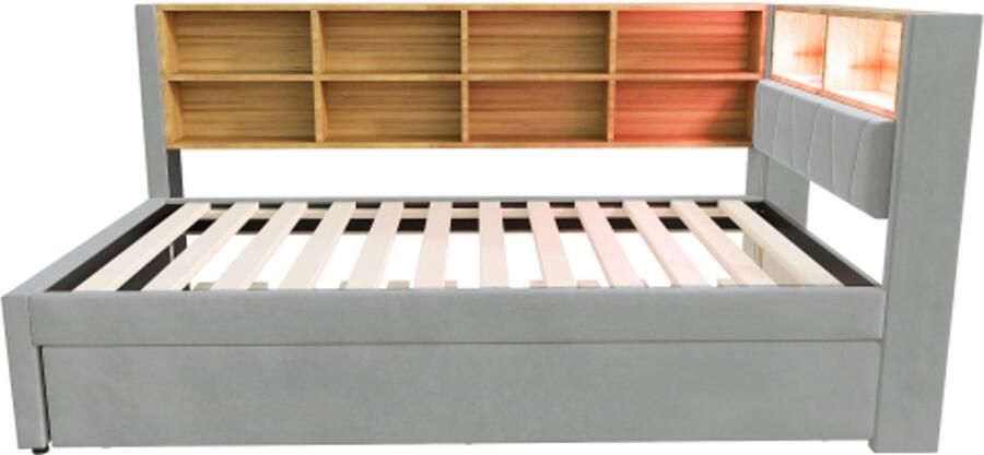 Slaapbank 90x200 Zonder Matras Polstebed Grijs Flanel Uitschuifbaar Multifunctioneel Met LED Verlichting Stopcontacten En Veel Opbergruimte Geschikt Voor Logeerkamer En Kleine Ruimtes