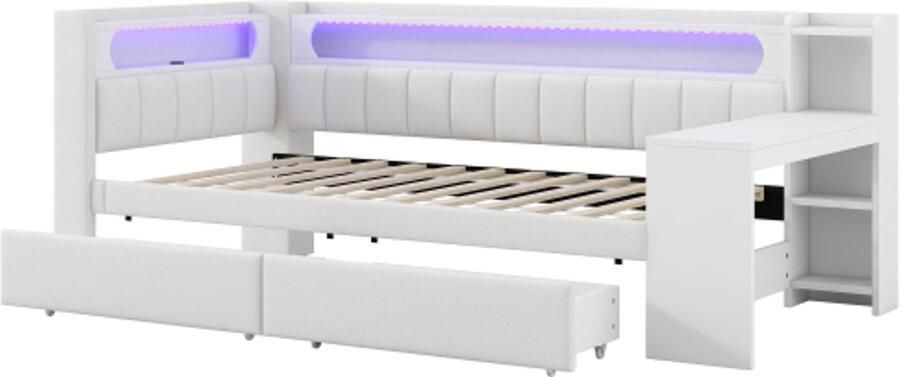 Slaapbank 90x200 zonder matras wit Gestoffeerd bed met LED en USB met bureau en 2 lades geschikt voor slaapkamer studeerkamer