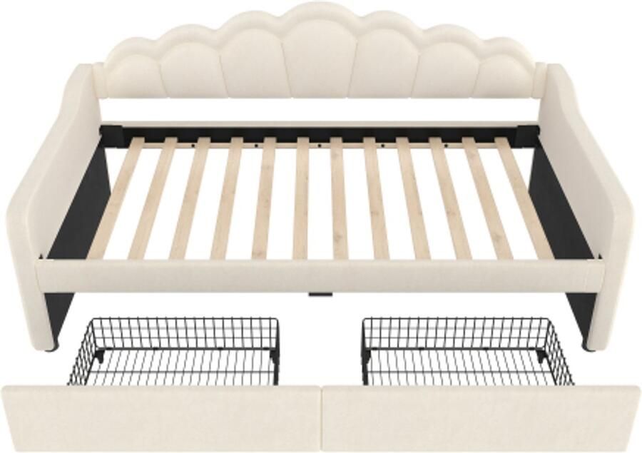 Gotagee Dagbed met lades slaapbank 90x200cm eenpersoonsbed (zonder matras) fluweel kleurveranderende LED-strip beige