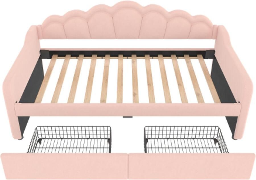 GOTAGEE Dagbed met lades slaapbank 90x200cm eenpersoonsbed (zonder matras) fluweel kleurveranderende LED-strip roze