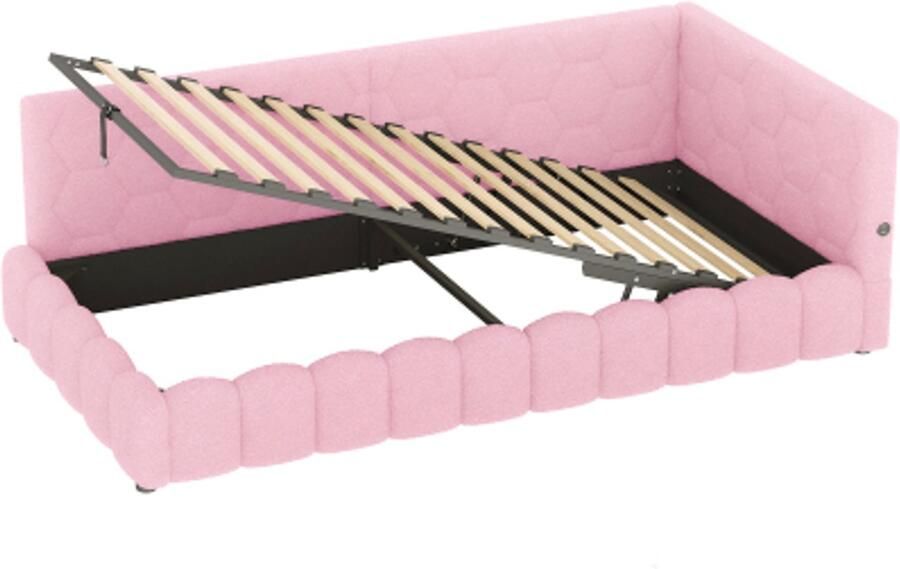 Slaapbank 90x200cm Daybed Zonder matras Eenpersoonsbed Roze Vliesimitatie met lattenbodem LED lichtstrip Hydraulisch hefsysteem USB en Type C Luxe en multifunctioneel bed voor slaapkamer
