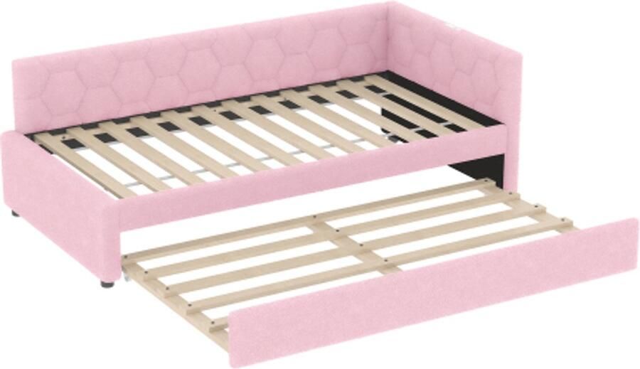 Slaapbank 90x200cm Daybed Zonder matras Eenpersoonsbed Roze Vliesimitatie met lattenbodem LED nachtlampje Multifunctioneel uitrolbed USB en Type C voor woonkamer en logeerkamer