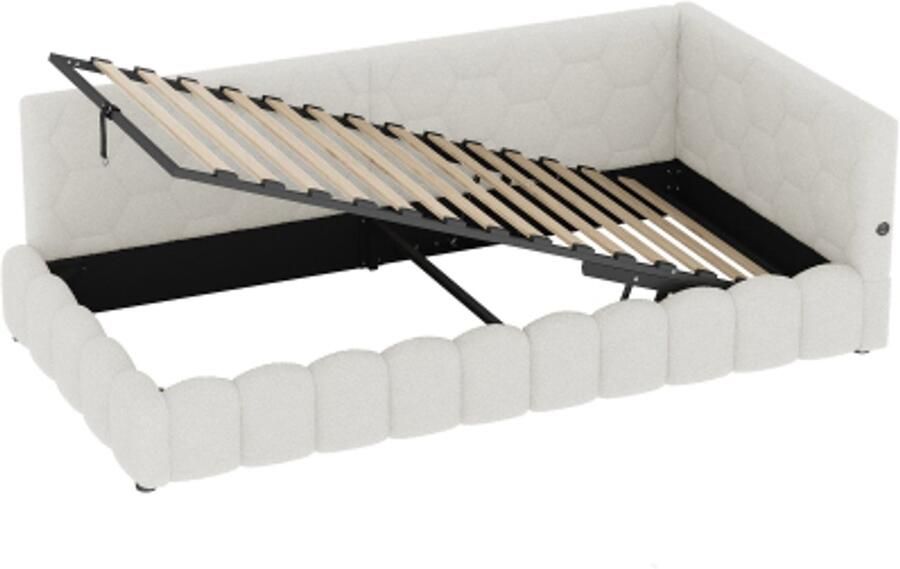 Slaapbank 90x200cm Daybed Zonder matras Eenpersoonsbed Wit Vliesimitatie met lattenbodem LED lichtstrip Hydraulisch hefsysteem USB en Type C Luxe en multifunctioneel bed voor slaapkamer
