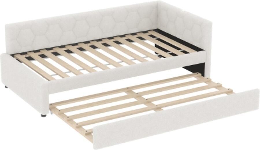 Slaapbank 90x200cm Daybed Zonder matras Eenpersoonsbed Wit Vliesimitatie met lattenbodem LED nachtlampje Multifunctioneel uitrolbed USB en Type C voor woonkamer en logeerkamer