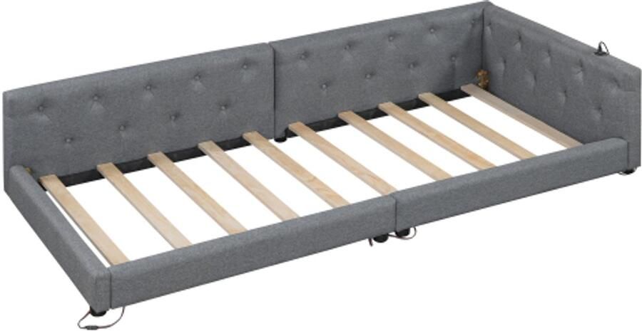 Slaapbank 90x200cm slaapbank met lattenbodem (zonder matras) sfeerverlichting met afstandsbediening hoofdbord met knoopjes USB+Type-C linnen grijs