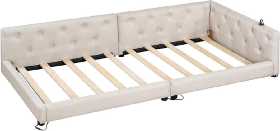 Slaapbank 90x200cm slaapbank met lattenbodem (zonder matras) sfeerverlichting met afstandsbediening hoofdbord met knoopjes USB+Type-C linnen beige