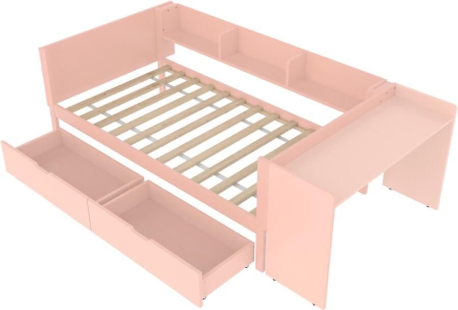 Slaapbank 90x200cm Vlak bed houten bed met bureau uitgerust met 2 lades Eenpersoonsbed (zonder matras) met planken grenen + spaanplaat roze