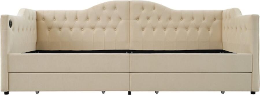 Slaapbank 90x200cm Zonder Matras Eenpersoonsbed Beige Flueel Met 2 Laden Met USB Type C Ladefunctie Met Opbergruimte Polsterbed Dagbed Modern Design Geschikt Voor Kleine Slaapkamers