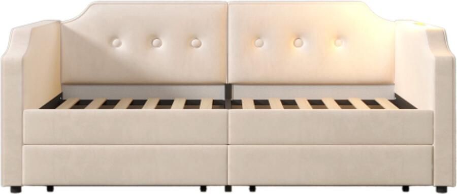 Slaapbank 90x200cm Zonder Matras Eenpersoonsbed Beige Fluweel Met USB Type C Leeslamp Met 2 Opbergladen Kinderbed Jeugdbed Bedframe Met Lattenbodem Hout Multifunctioneel Slaapbank Dagbed Geschikt Voor Slaapkamer Woonkamer Kleine Woningen