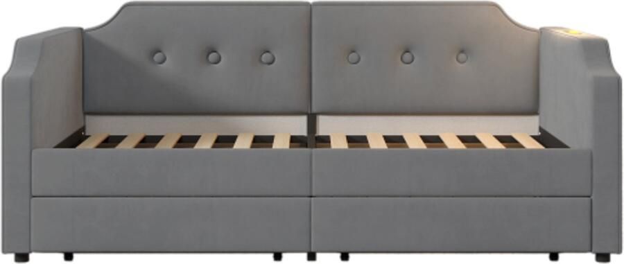 Slaapbank 90x200cm Zonder Matras Eenpersoonsbed Grijs Fluweel Met USB Type C Leeslamp Met 2 Opbergladen Kinderbed Jeugdbed Houten Lattenbodem Multifunctioneel Dagbed Geschikt Voor Slaapkamer Woonkamer Kleine Woningen