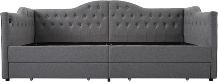 Slaapbank 90x200cm Zonder Matras Eenpersoonsbed Grijs Linnen Met 2 Laden Met USB Type C Ladefunctie Met Opbergruimte Polsterbed Dagbed Modern Design Geschikt Voor Kleine Slaapkamers