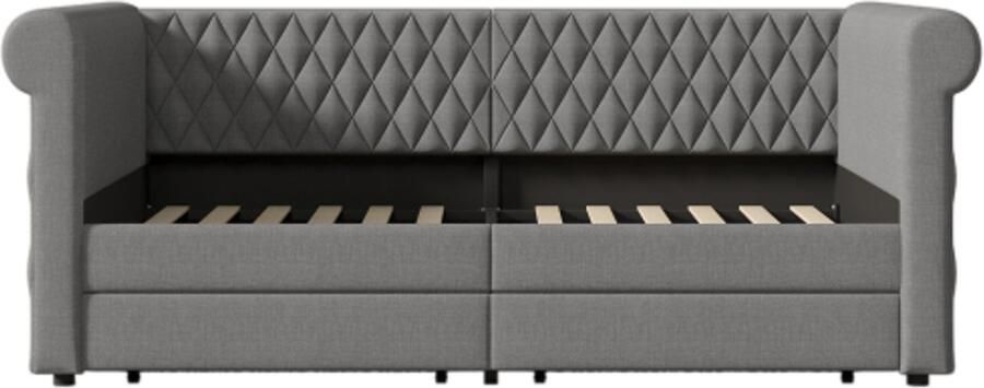 Slaapbank 90x200cm Zonder Matras Vintage Hoofdbord Eenpersoonsbed Grijs Linnen Met 2 Opbergladen Kinderbed Jeugdbed Bedframe Met Lattenbodem Hout Multifunctioneel Slaapbank Dagbed Geschikt Voor Slaapkamer Woonkamer Kleine Woningen