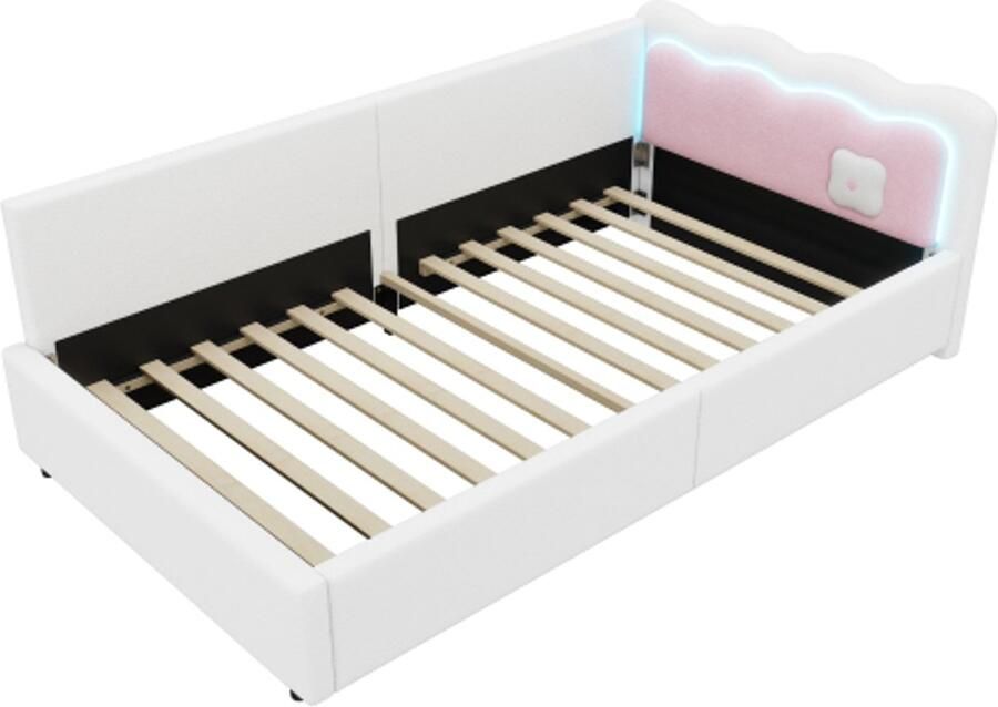 Slaapbank Daybed 90x200cm Zonder matras Eenpersoonsbed Wit Vliesimitatie Bedframe Met lattenbodem LED sfeerverlichting met afstandsbediening Multifunctioneel bed voor woonkamer of slaapkamer