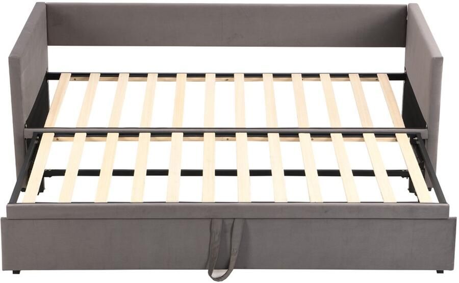 Slaapbank Gestoffeerd bed 90 180x200cm Zonder matras Met uittrekbaar bed Comfortabele zachte stof met extra brede en dikke rugleuning en armleuningen Bed en bank in één multifunctioneel meubel Geschikt voor woonkamer en slaapkamer Grijs