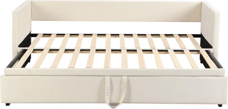 Slaapbank Gestoffeerd bed 90 180x200cm Zonder matras Met uittrekbaar bed Comfortabele zachte stof met extra brede en dikke rugleuning en armleuningen Bed en bank in één multifunctioneel meubel Geschikt voor woonkamer en slaapkamer Beige