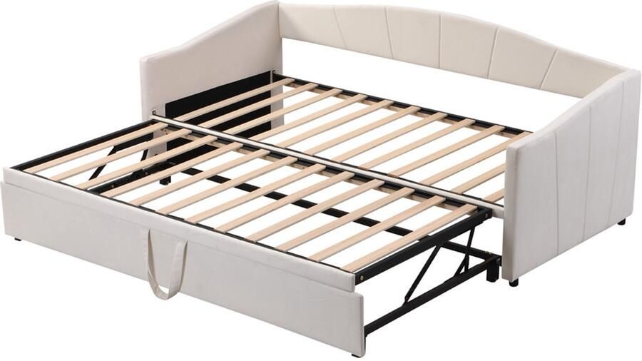 Slaapbank gestoffeerd bed 90 180x200cm zonder matras met uittrekbaar bed klassiek en stijlvol gebogen hoofdbord met verticale streepdecoratie huidvriendelijke zachte fluwelen stof Beige
